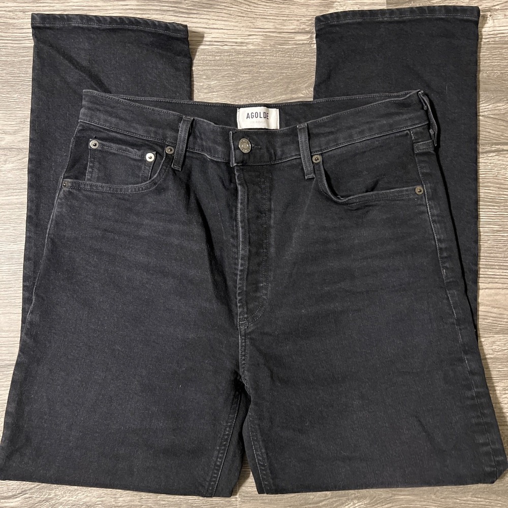 Agolde Riley Long High Rise Straight Leg Button Fly Black Jeans Size 30 (32x28) - Picture 3 of 10